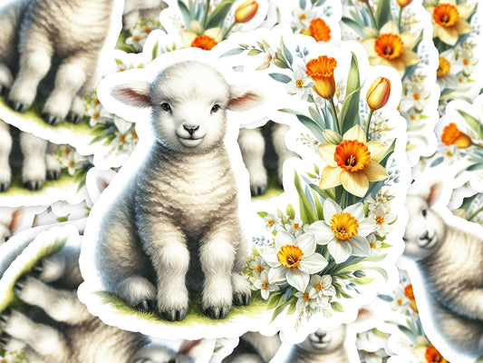 a picture of a lamb surrounded by flowers