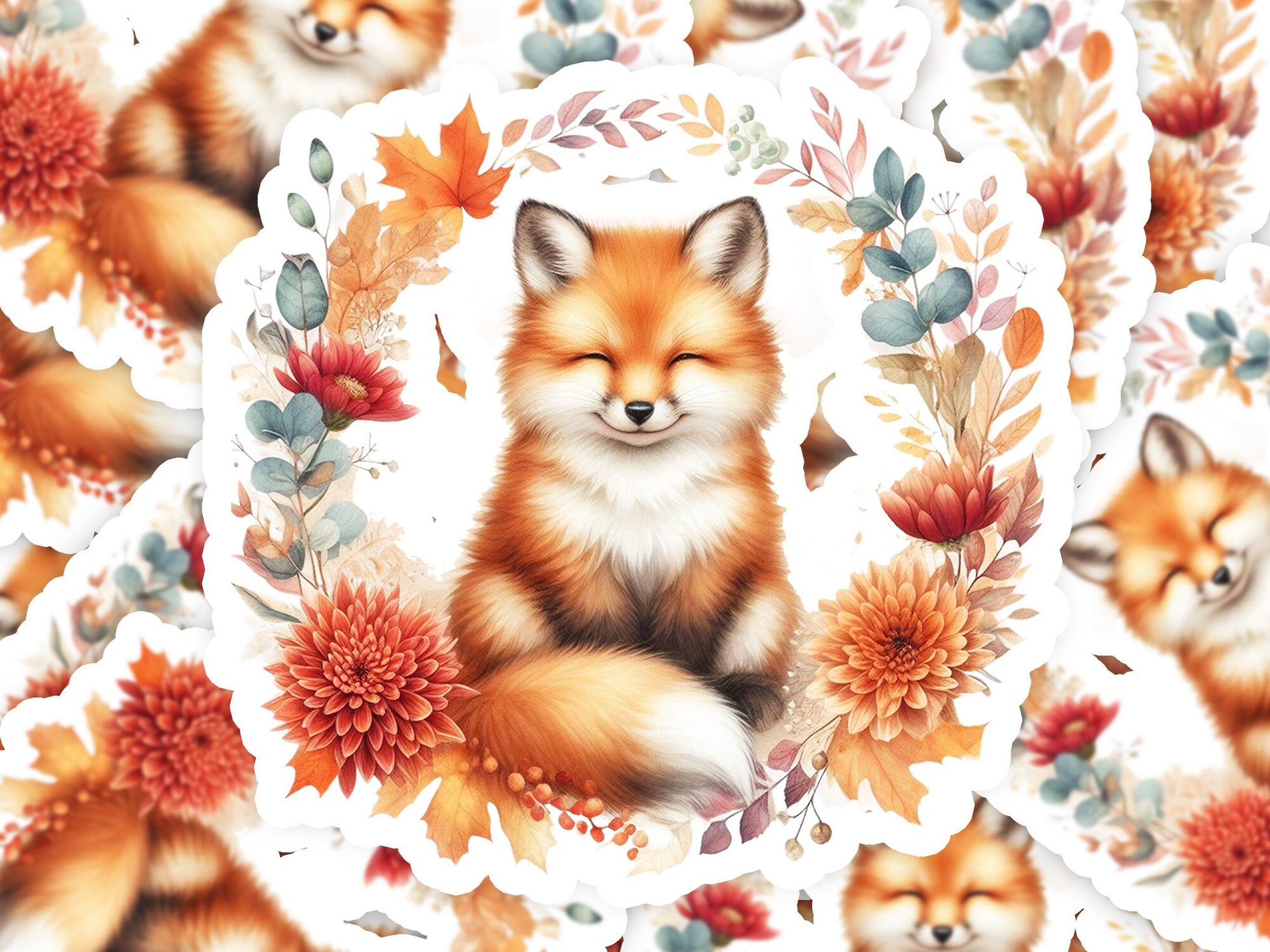 a picture of a fox surrounded by flowers and leaves