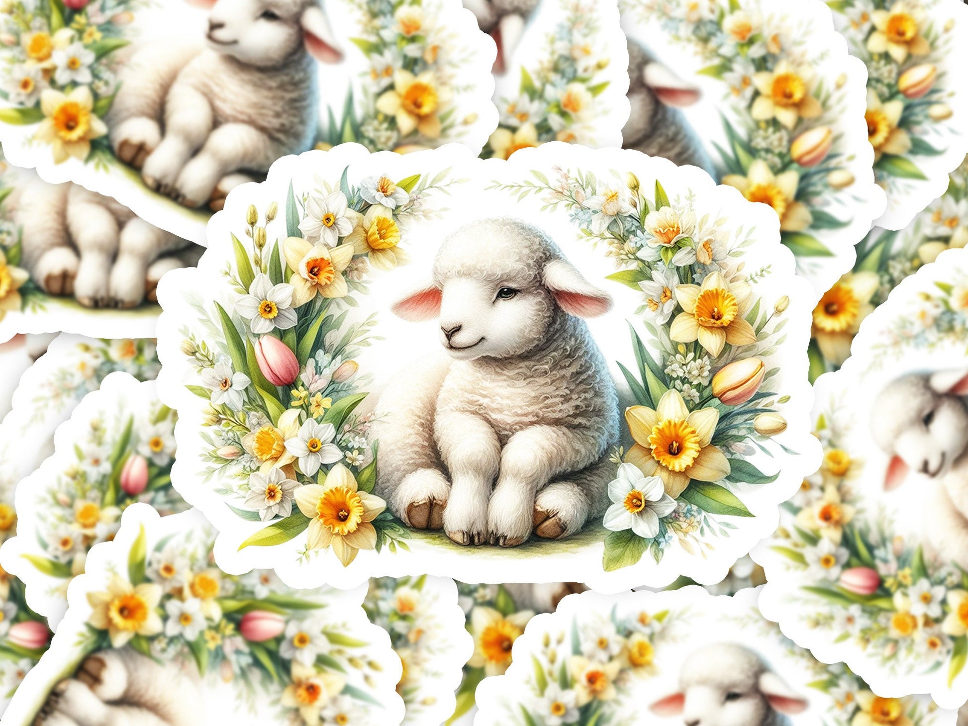 a picture of a sheep surrounded by flowers