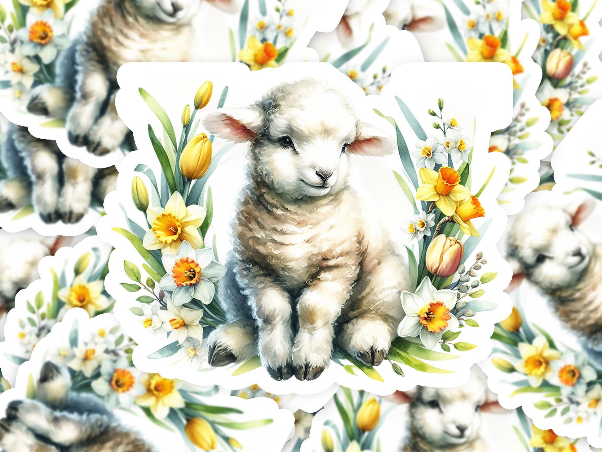 a watercolor painting of a lamb surrounded by flowers