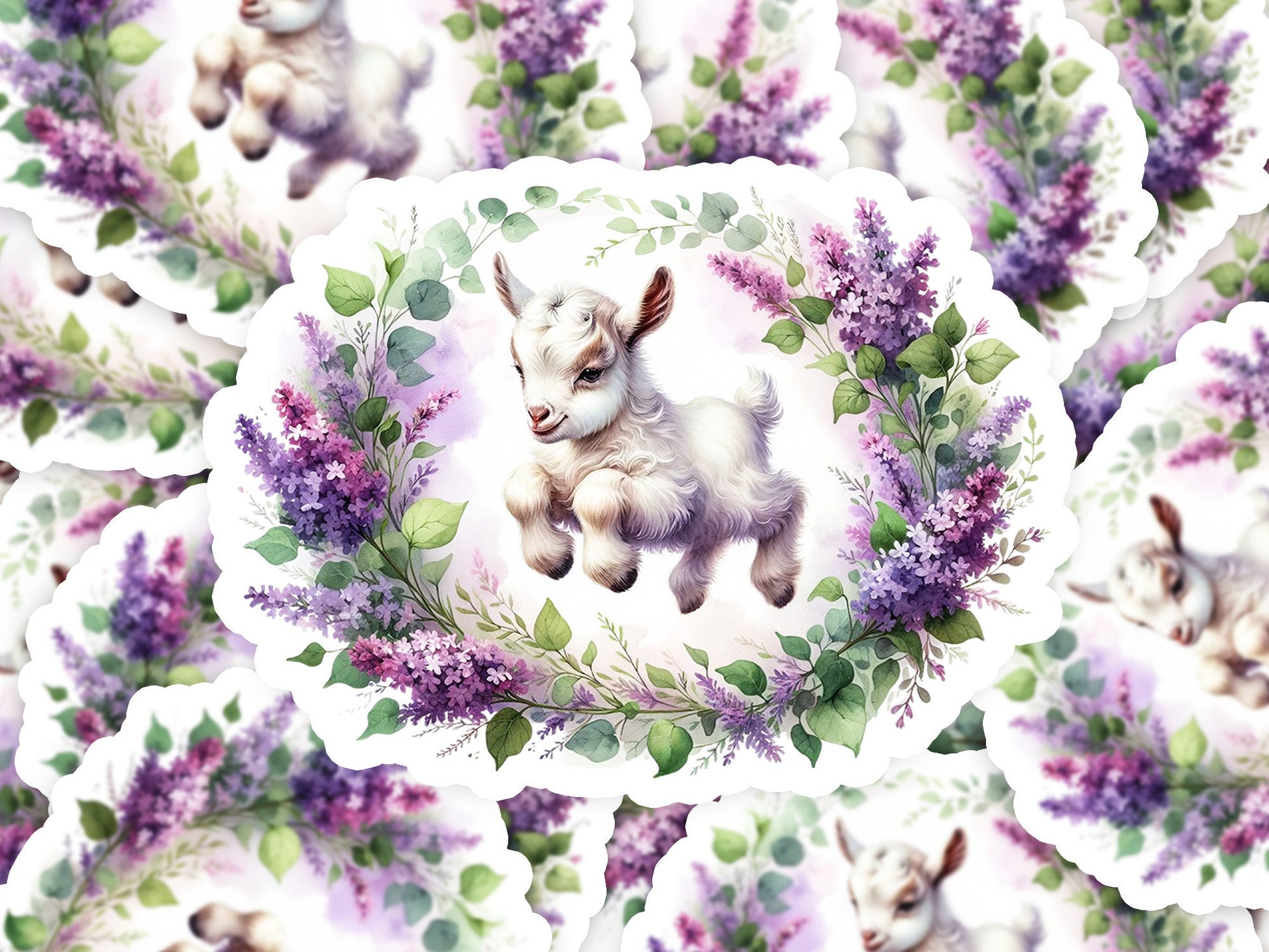 a watercolor painting of a lamb surrounded by purple flowers