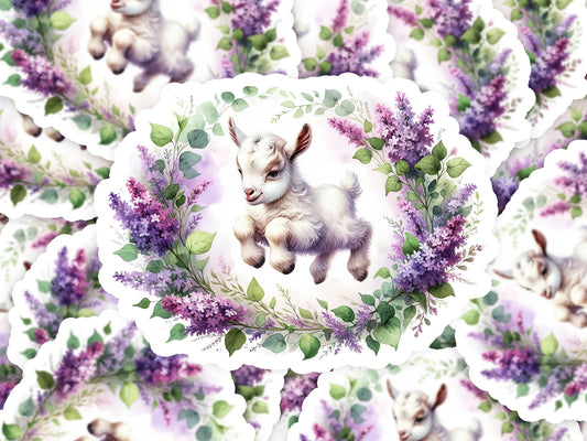 a watercolor painting of a lamb surrounded by purple flowers