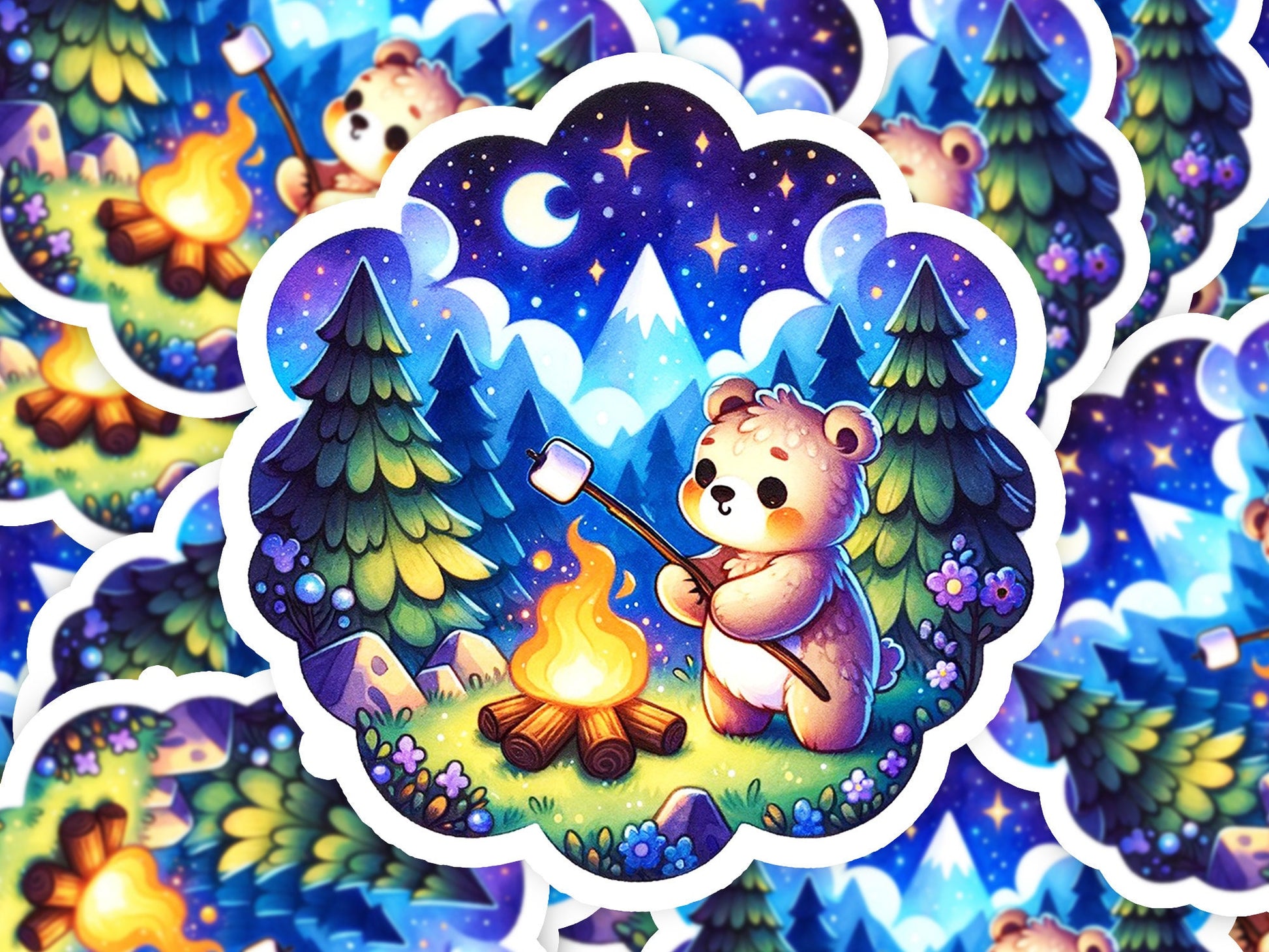 a picture of a bear with a campfire in the woods