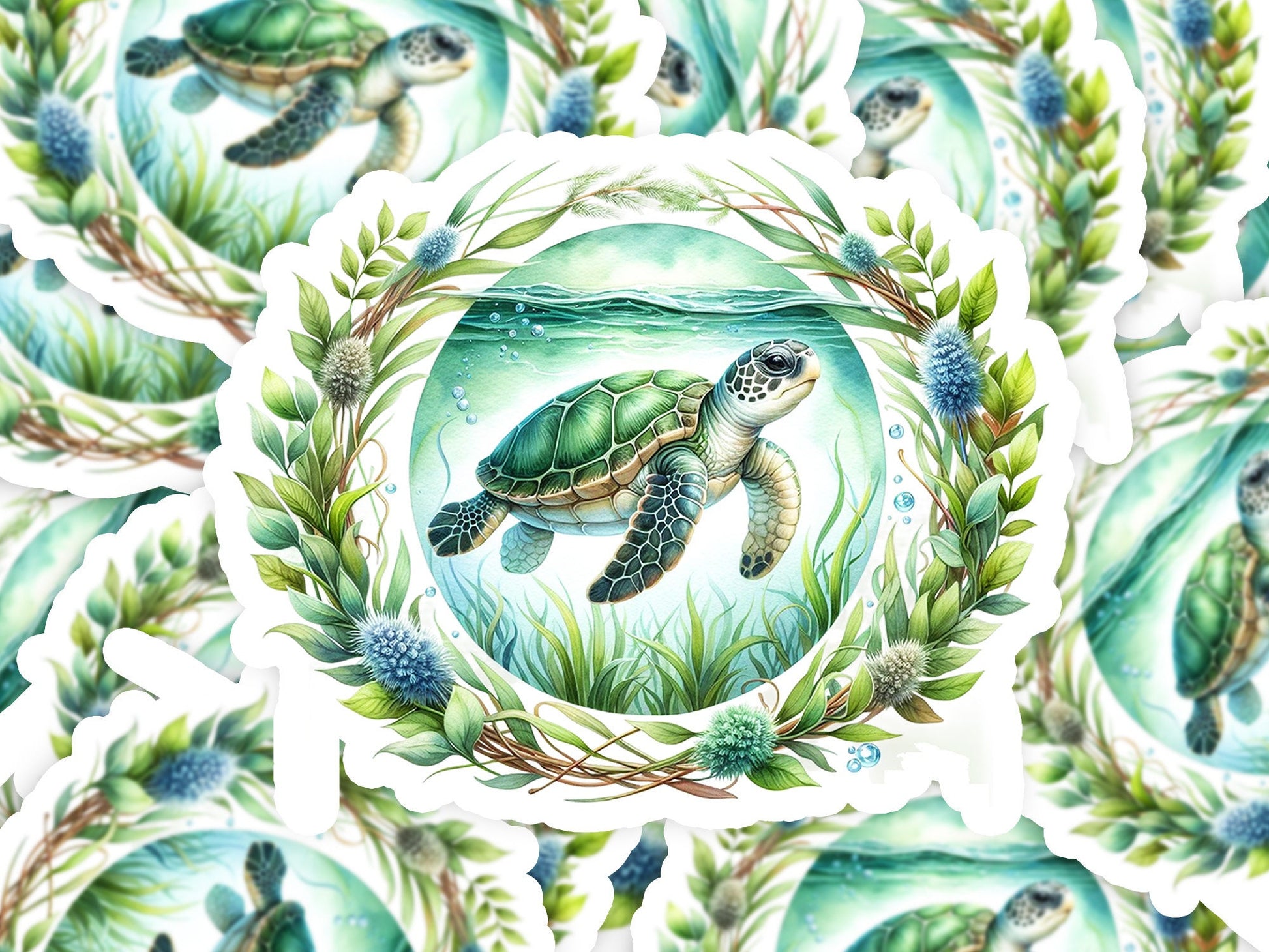 a watercolor painting of a turtle swimming in the ocean