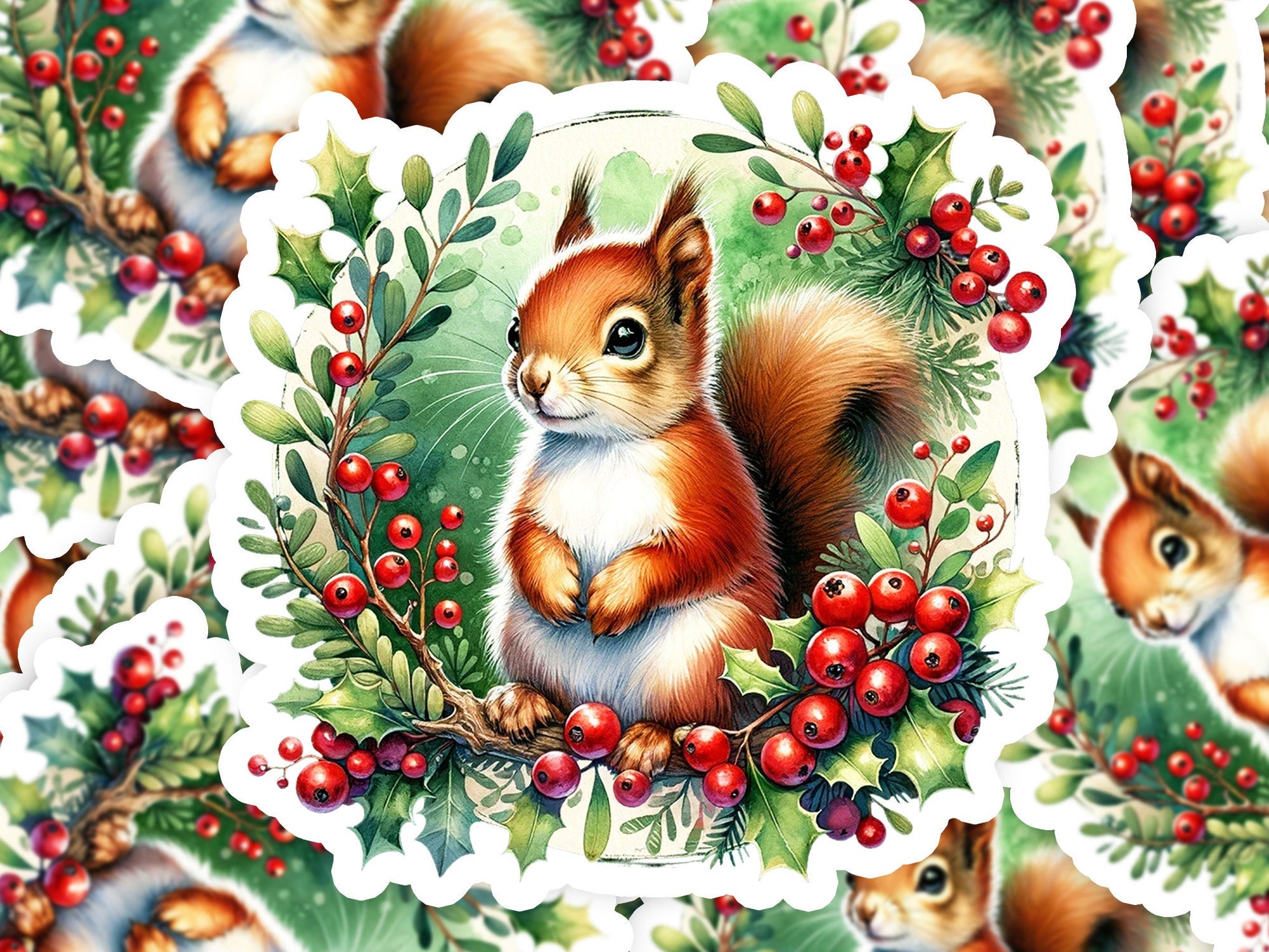 a painting of a squirrel surrounded by holly and berries