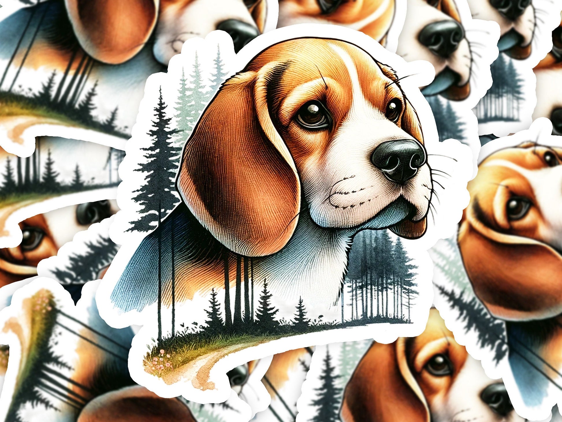 a sticker of a dog with a forest scene in the background