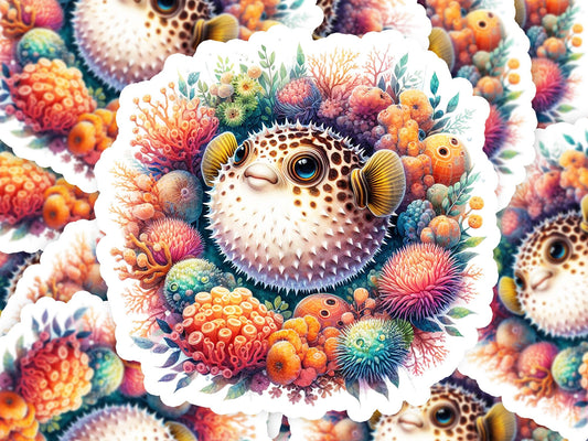 a painting of a puffer fish surrounded by corals