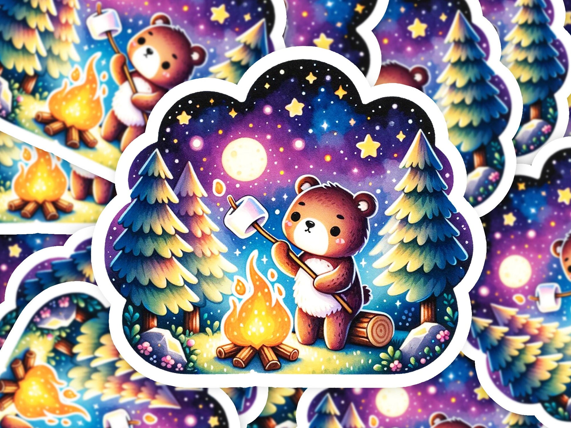 a sticker of a teddy bear sitting next to a campfire