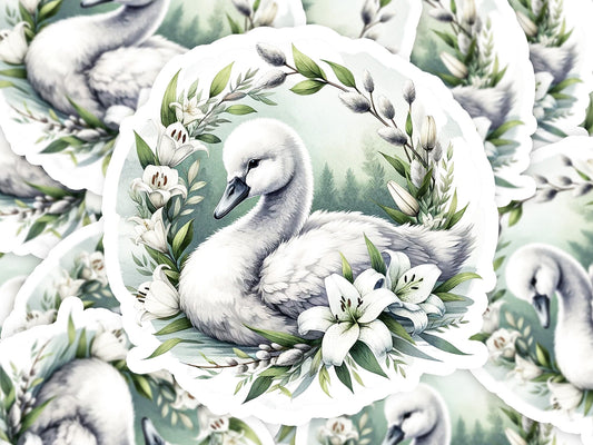 a watercolor painting of a swan surrounded by flowers