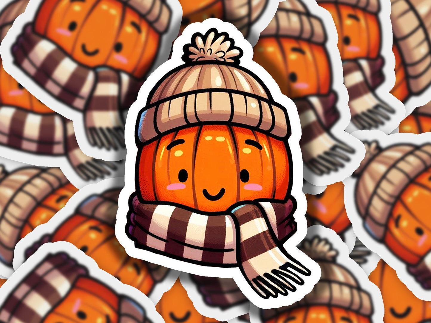 a sticker of a pumpkin wearing a hat and scarf