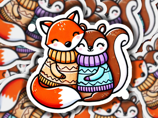 a sticker of a fox and a squirrel hugging