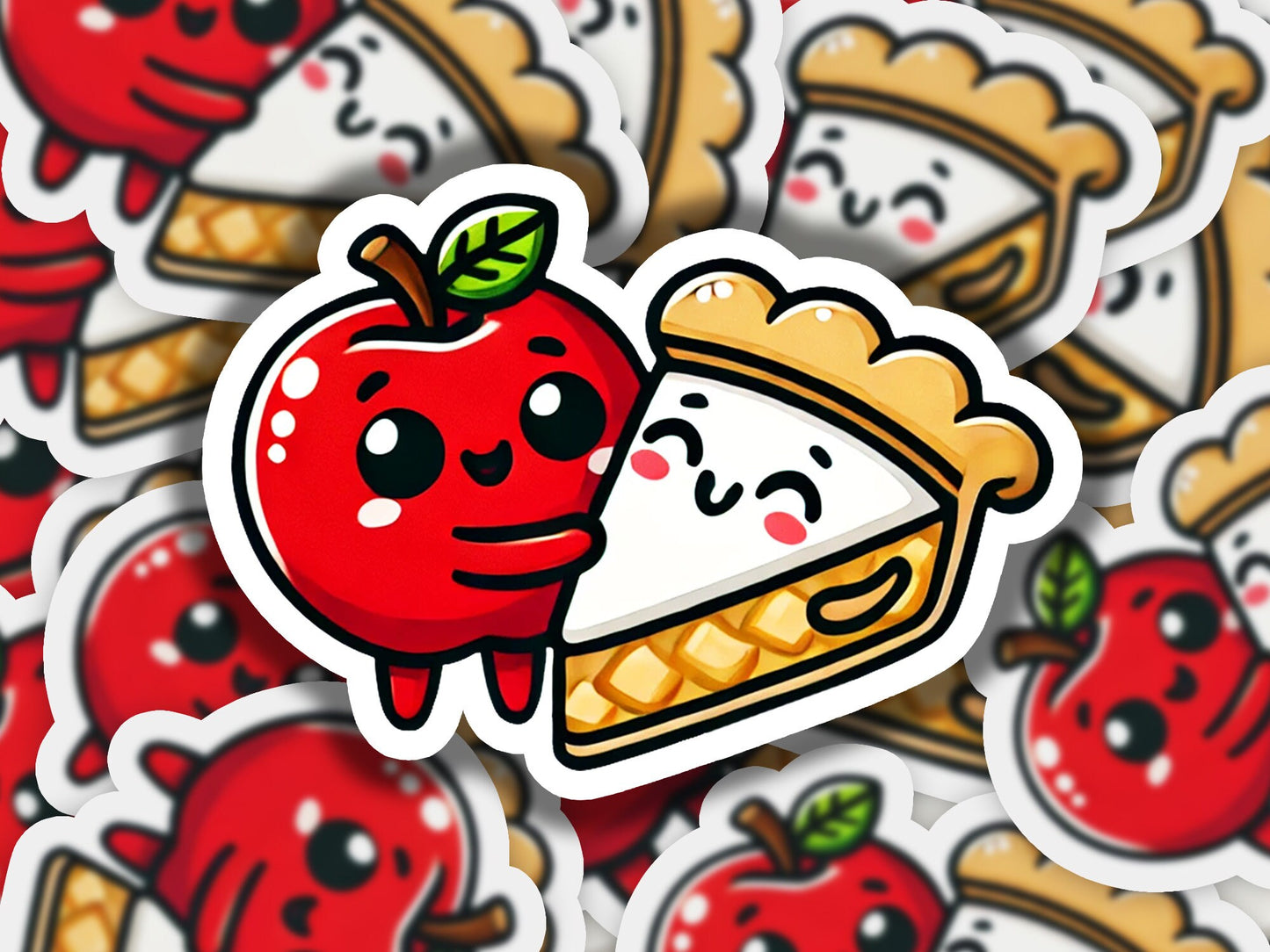 a pile of stickers with an apple and pie on them