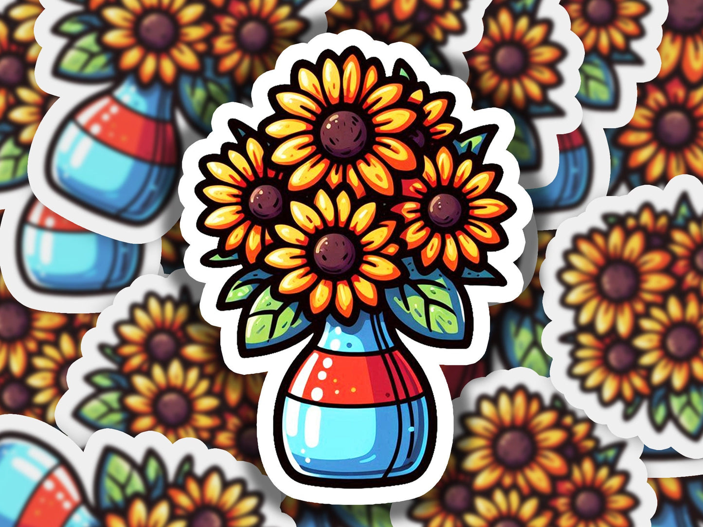 a sticker of a vase with sunflowers in it