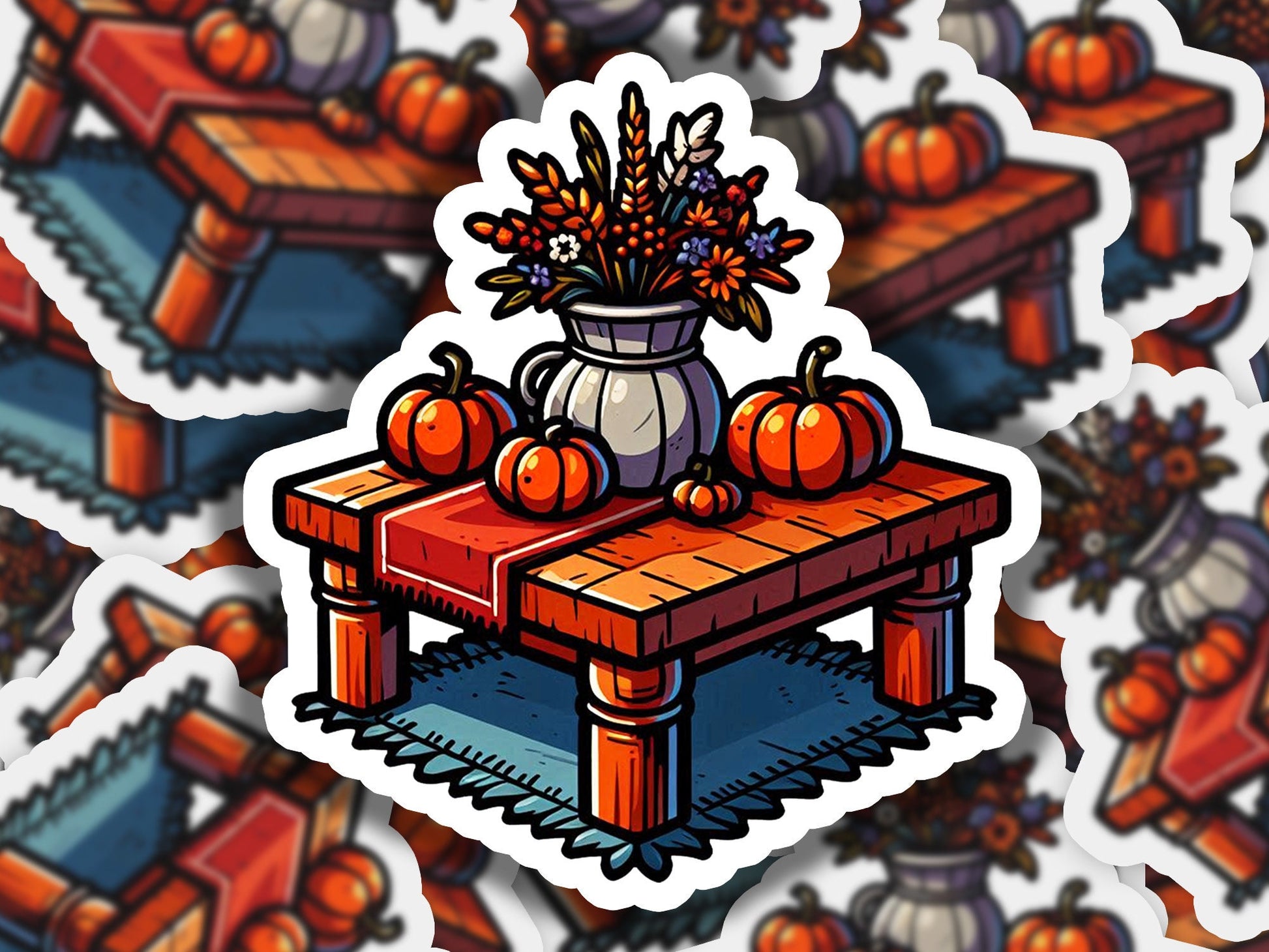 a sticker of a table with a vase of flowers on it