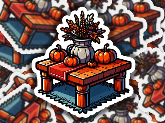 a sticker of a table with a vase of flowers on it