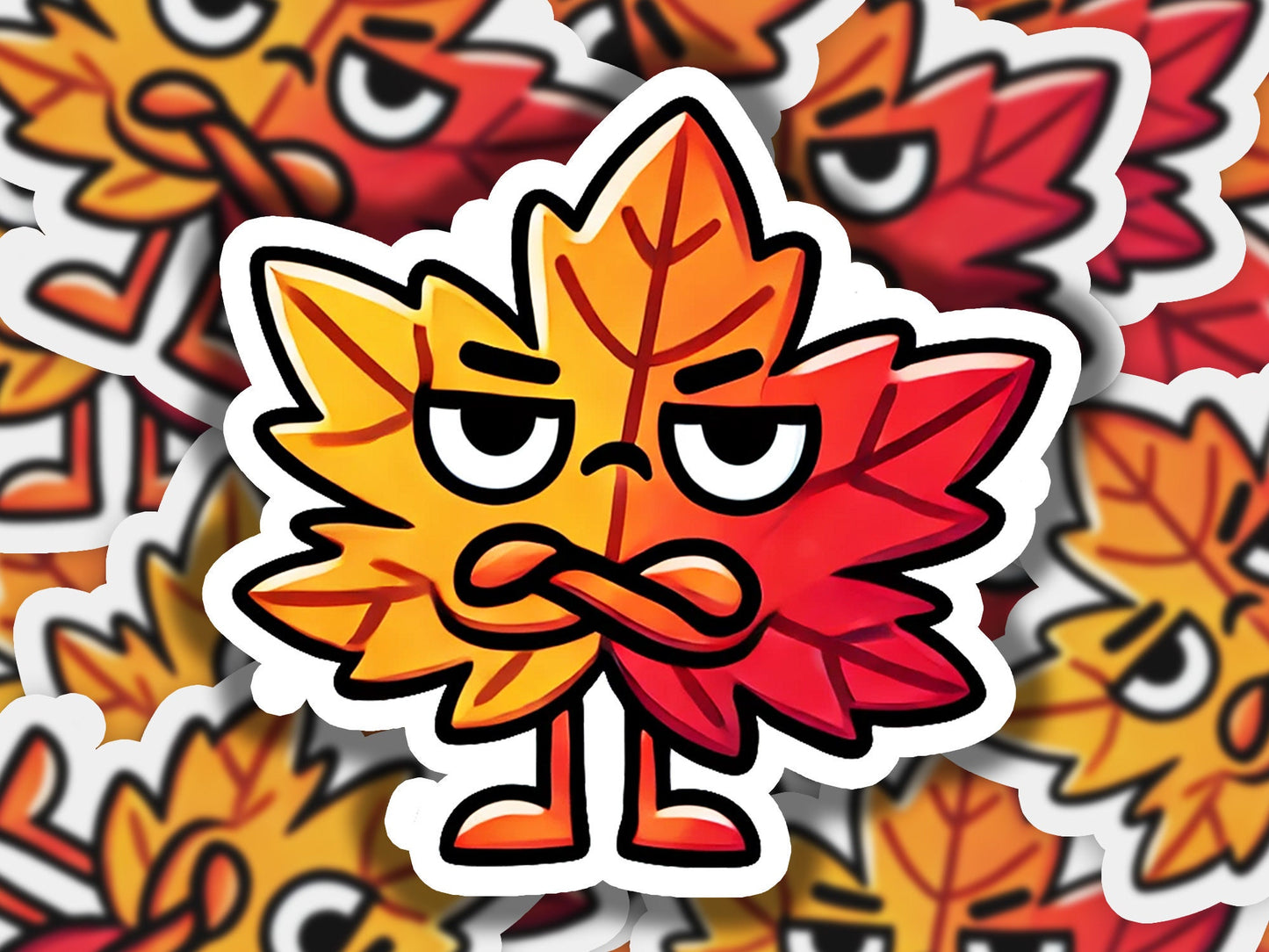 a sticker of a leaf with a frowning face