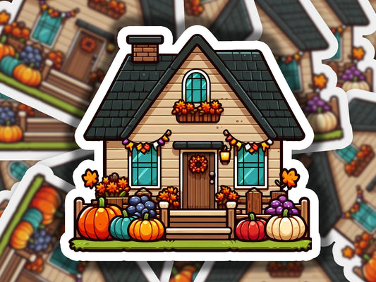 a sticker of a house surrounded by fall decorations