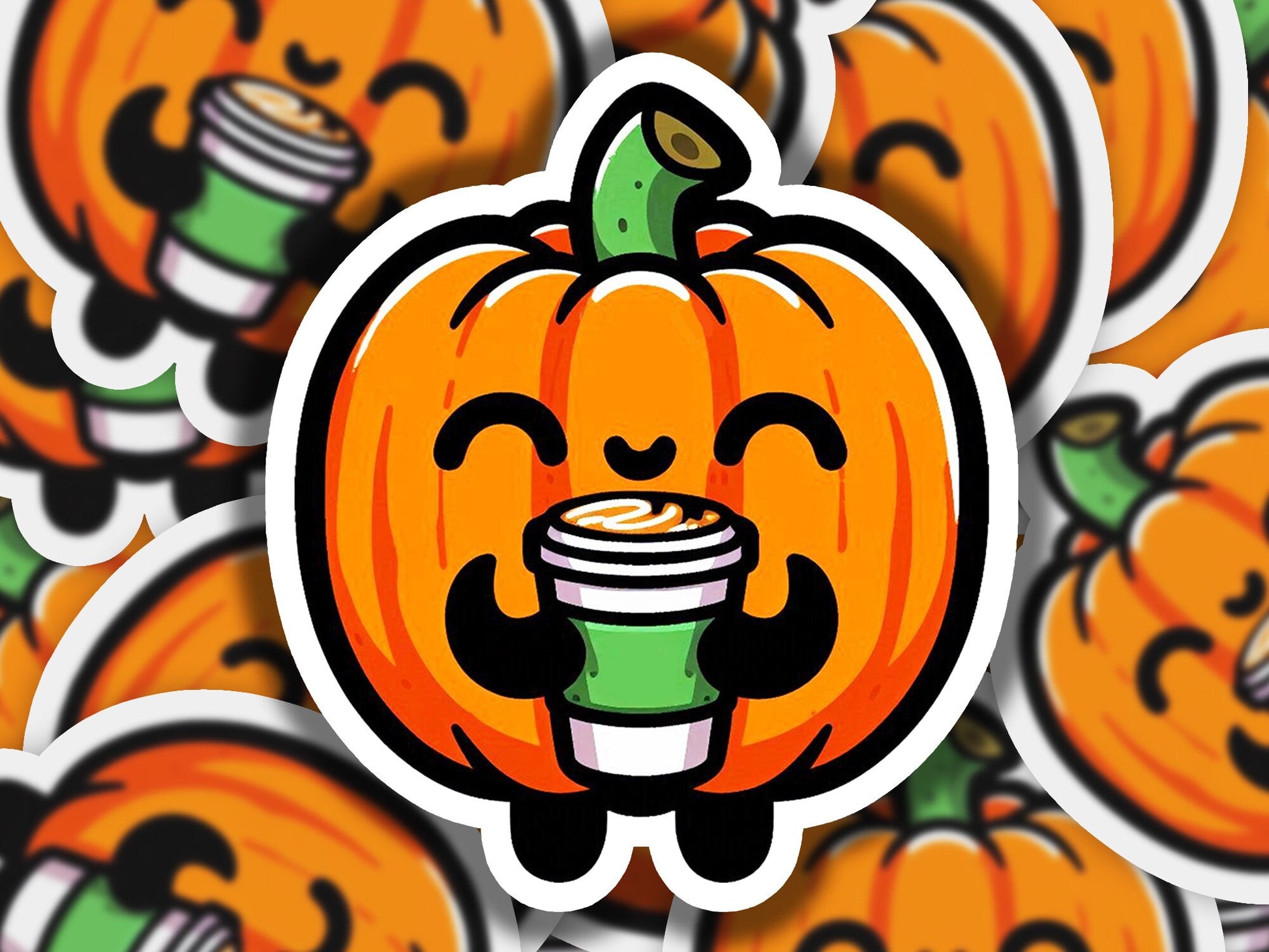 a sticker of a pumpkin with a cup of coffee