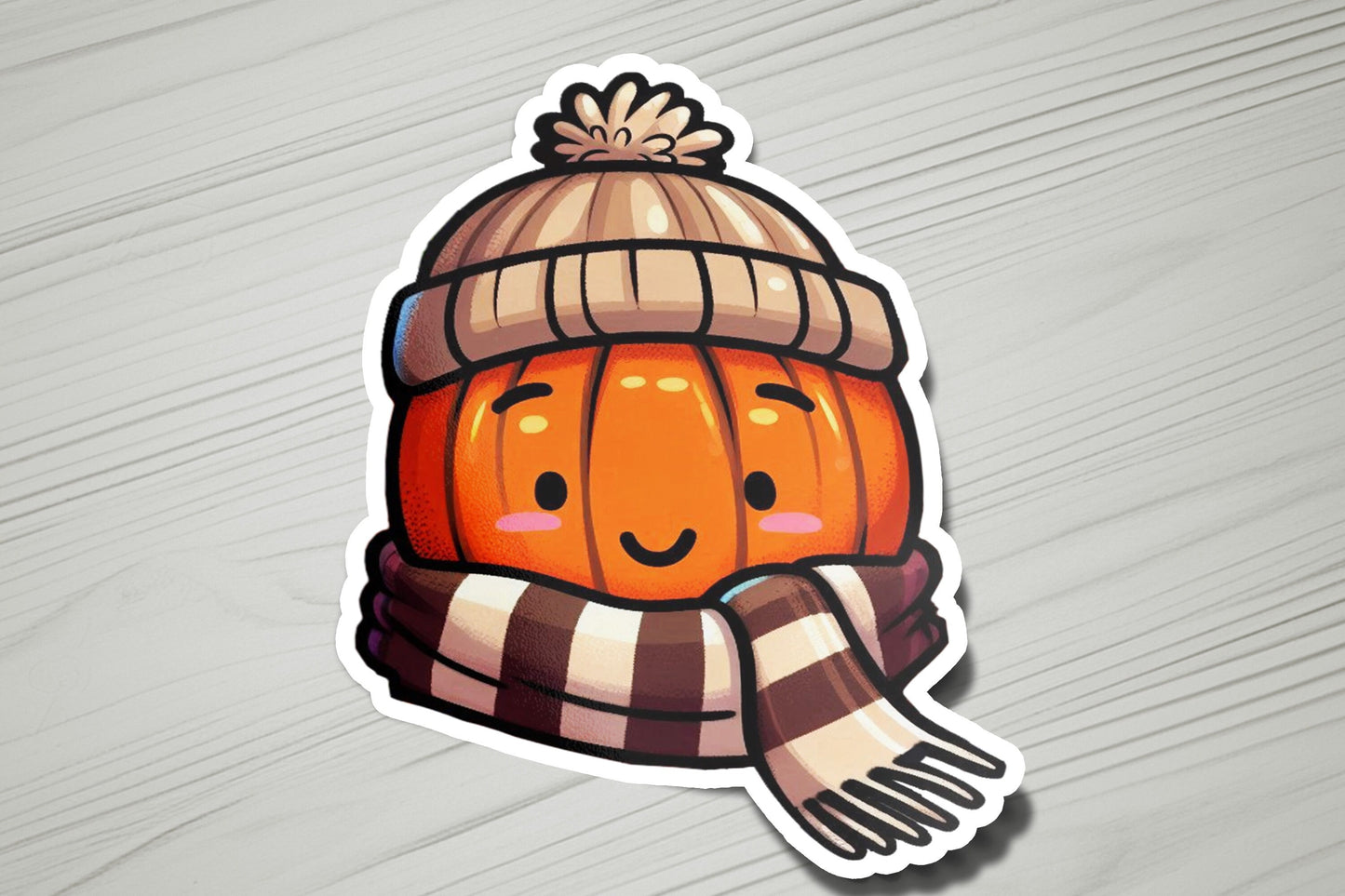 a sticker of a pumpkin wearing a hat and scarf