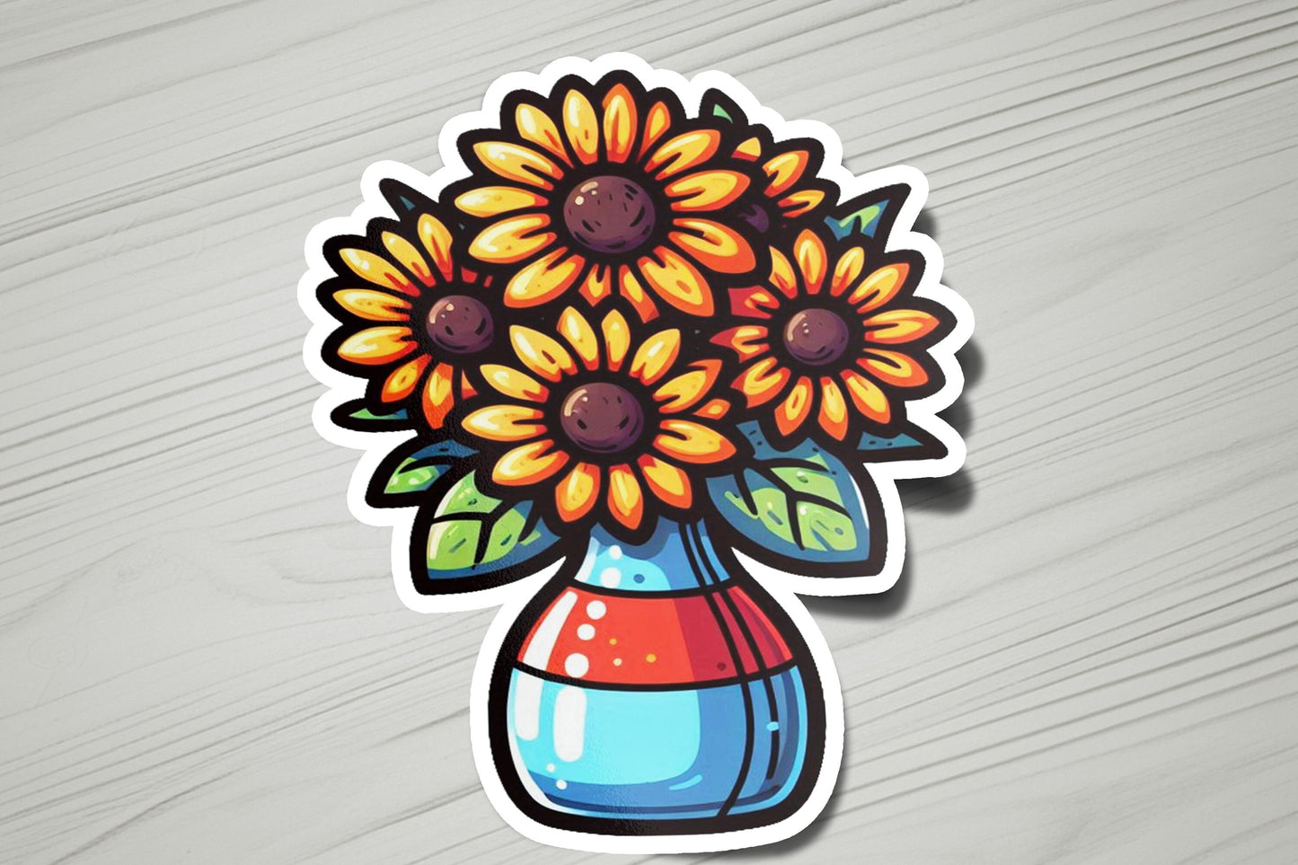 a sticker of a colorful vase with sunflowers