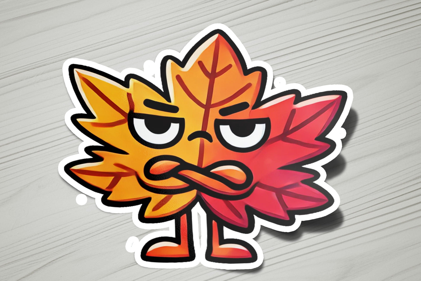 a sticker of a leaf with a frowning face