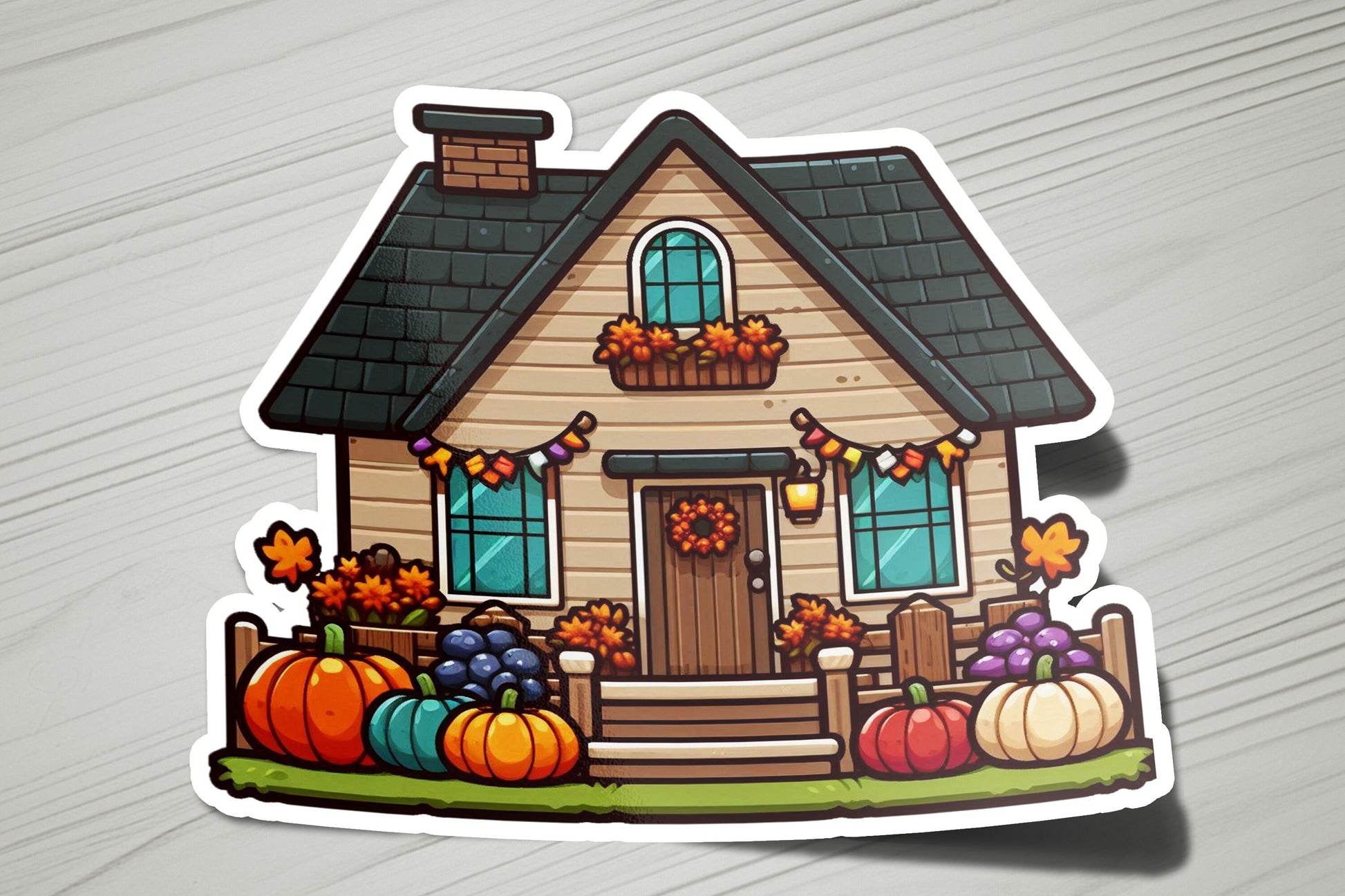 a sticker of a house with fall decorations