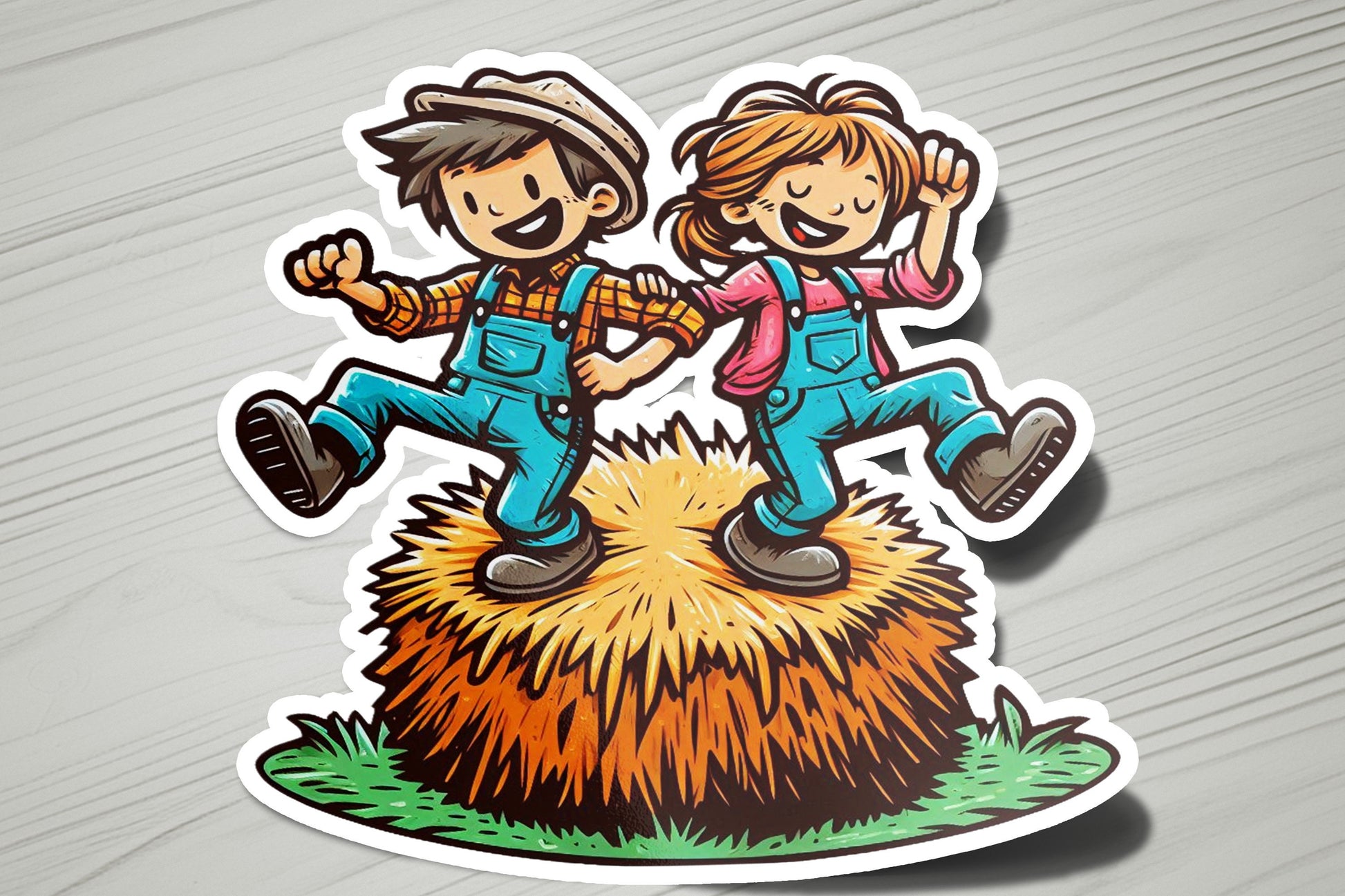 a sticker of two people jumping over a pile of hay