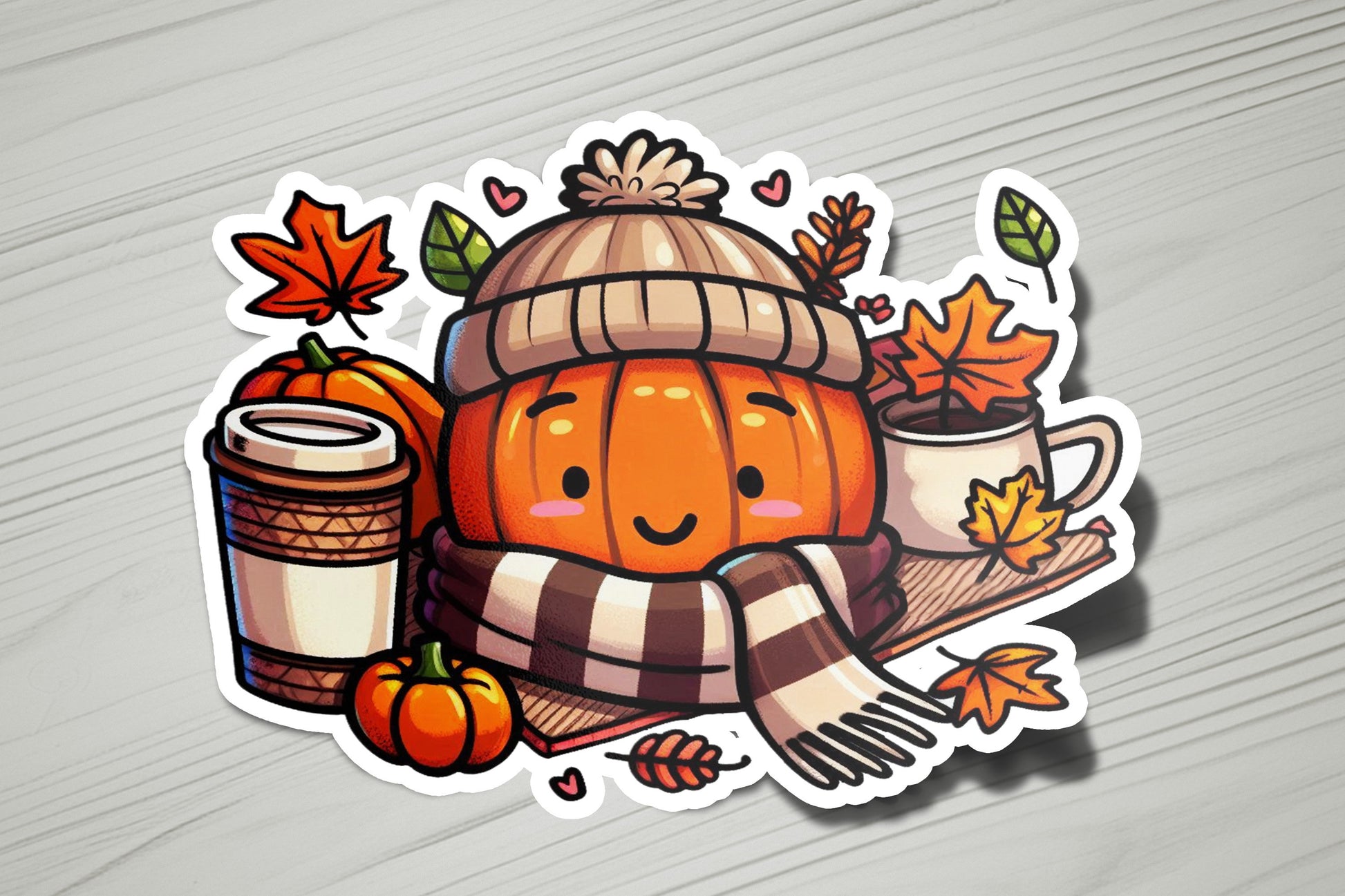 a sticker with a picture of a pumpkin, a cup of coffee, and