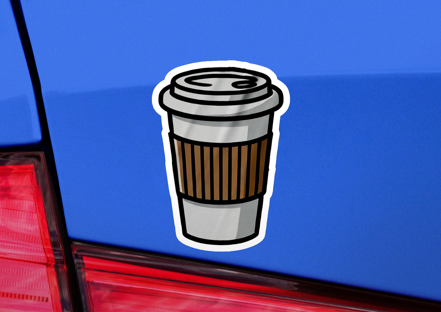 a coffee cup sticker on the back of a car