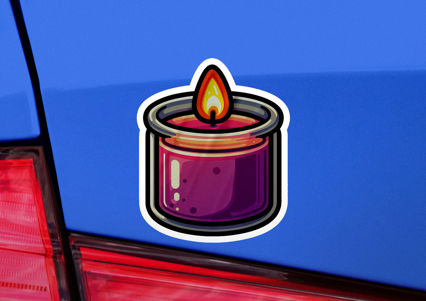 a candle sticker on the back of a car