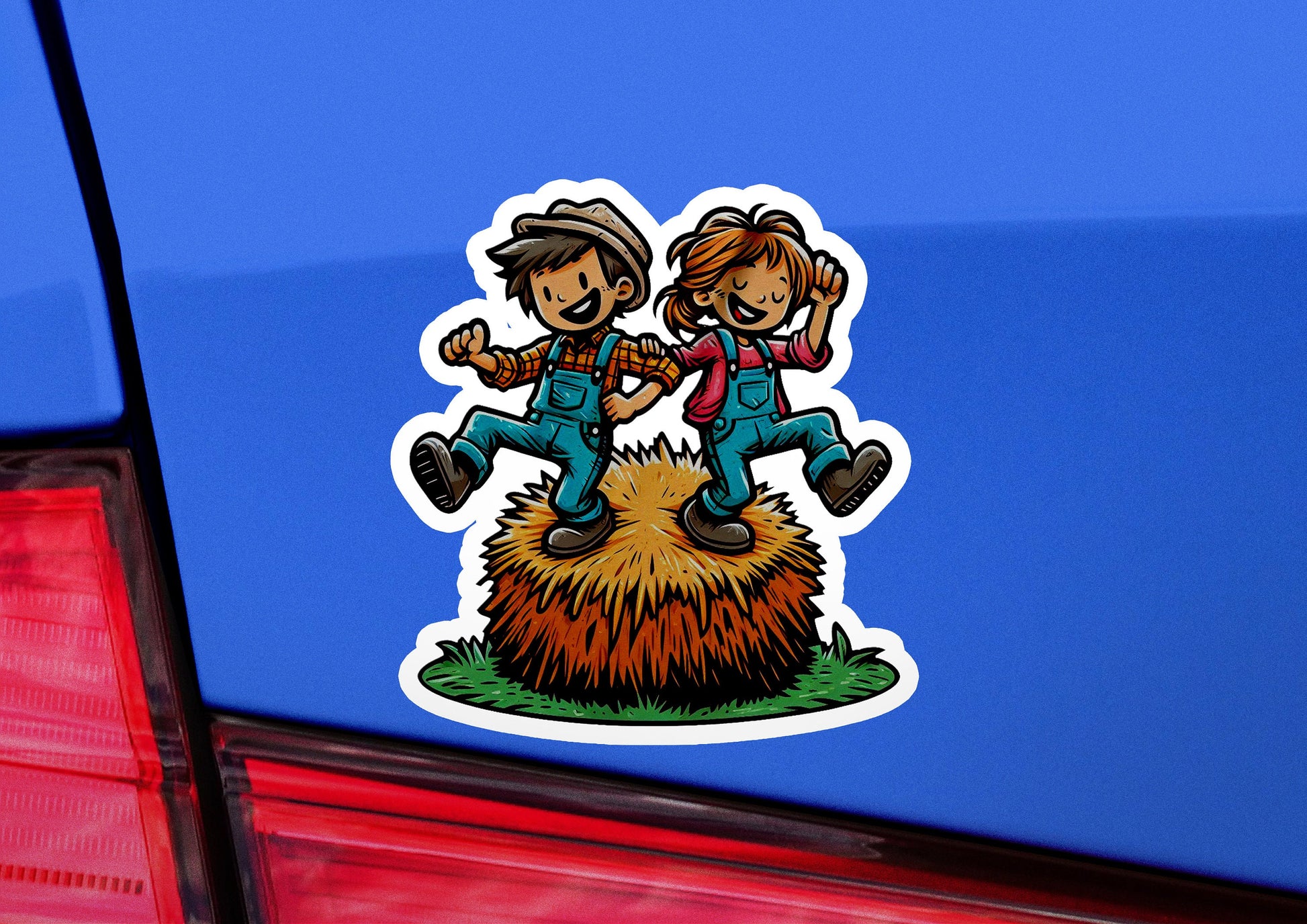 a sticker of two people jumping off a hay bale