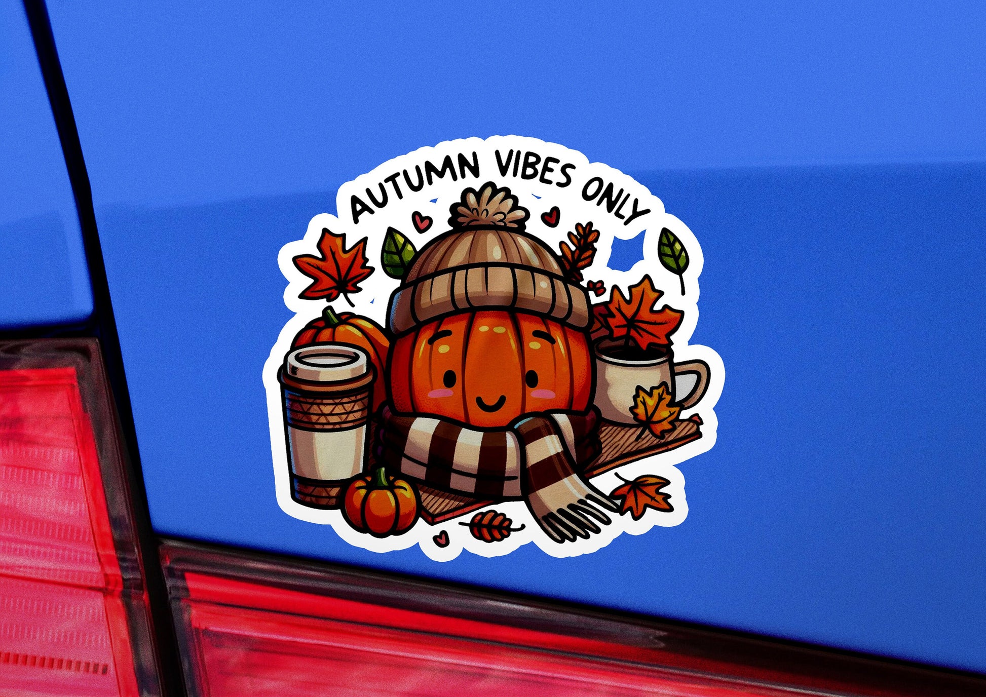 a car with a sticker on it that says autumn vibes only