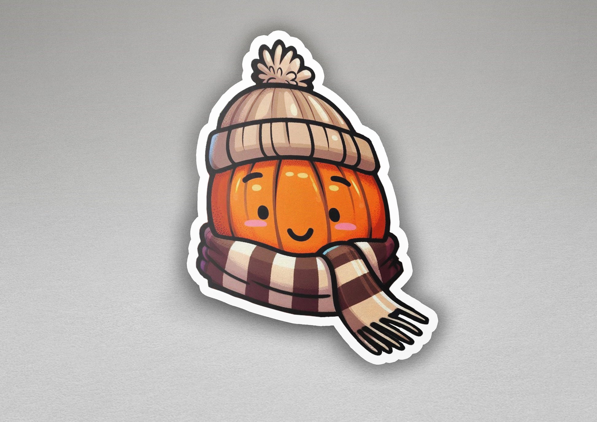 a sticker of a pumpkin wearing a hat and scarf