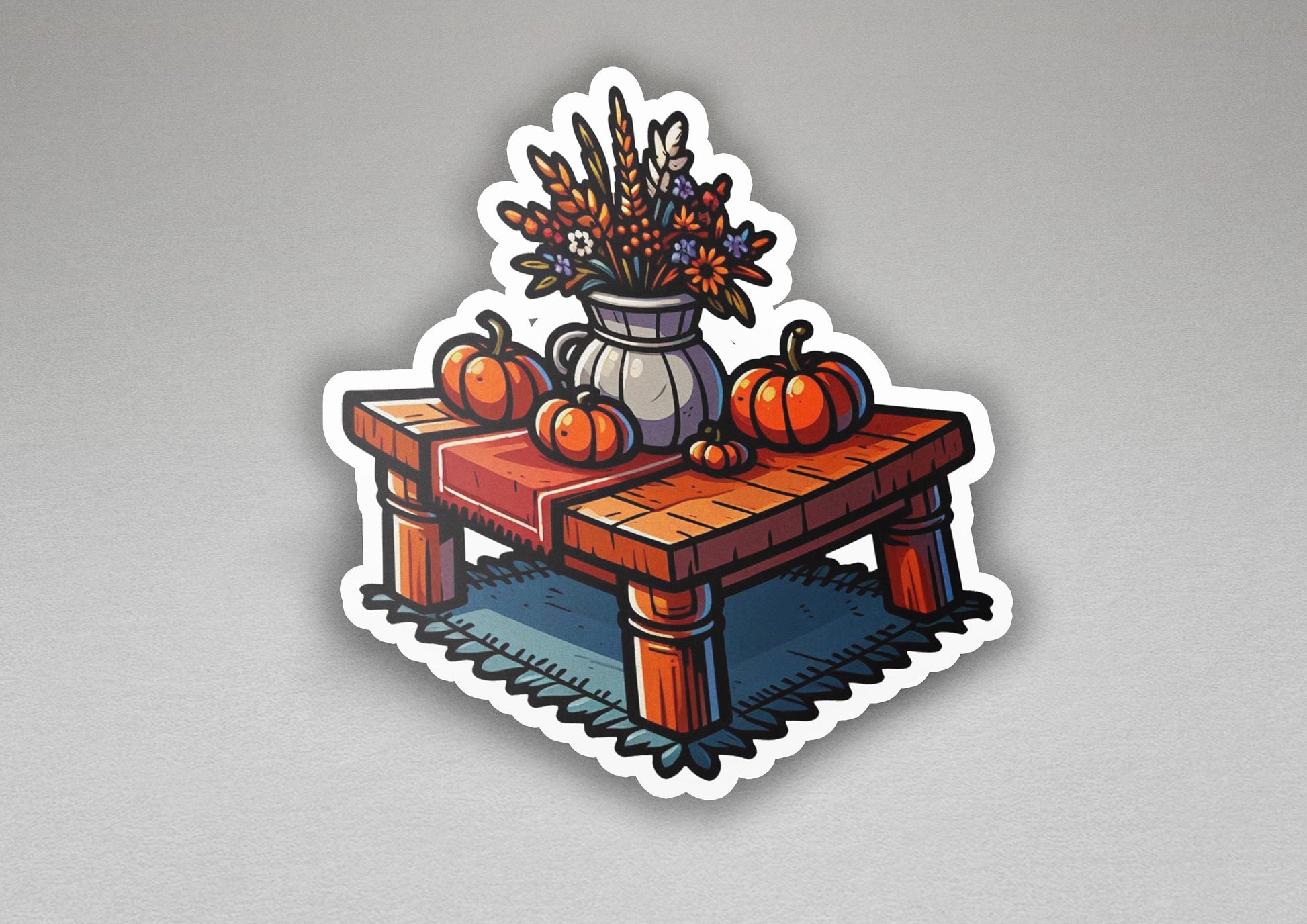 a sticker of a table with pumpkins on it