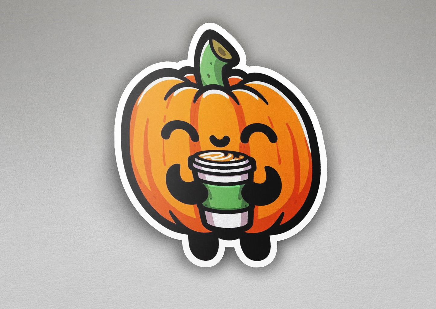 a sticker of a pumpkin holding a cup of coffee