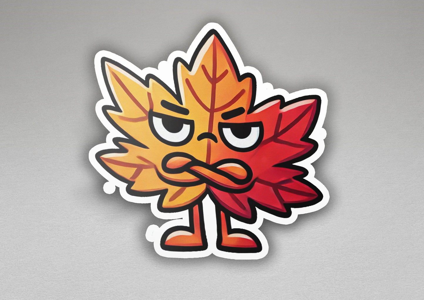 a sticker of a leaf with a frowning face