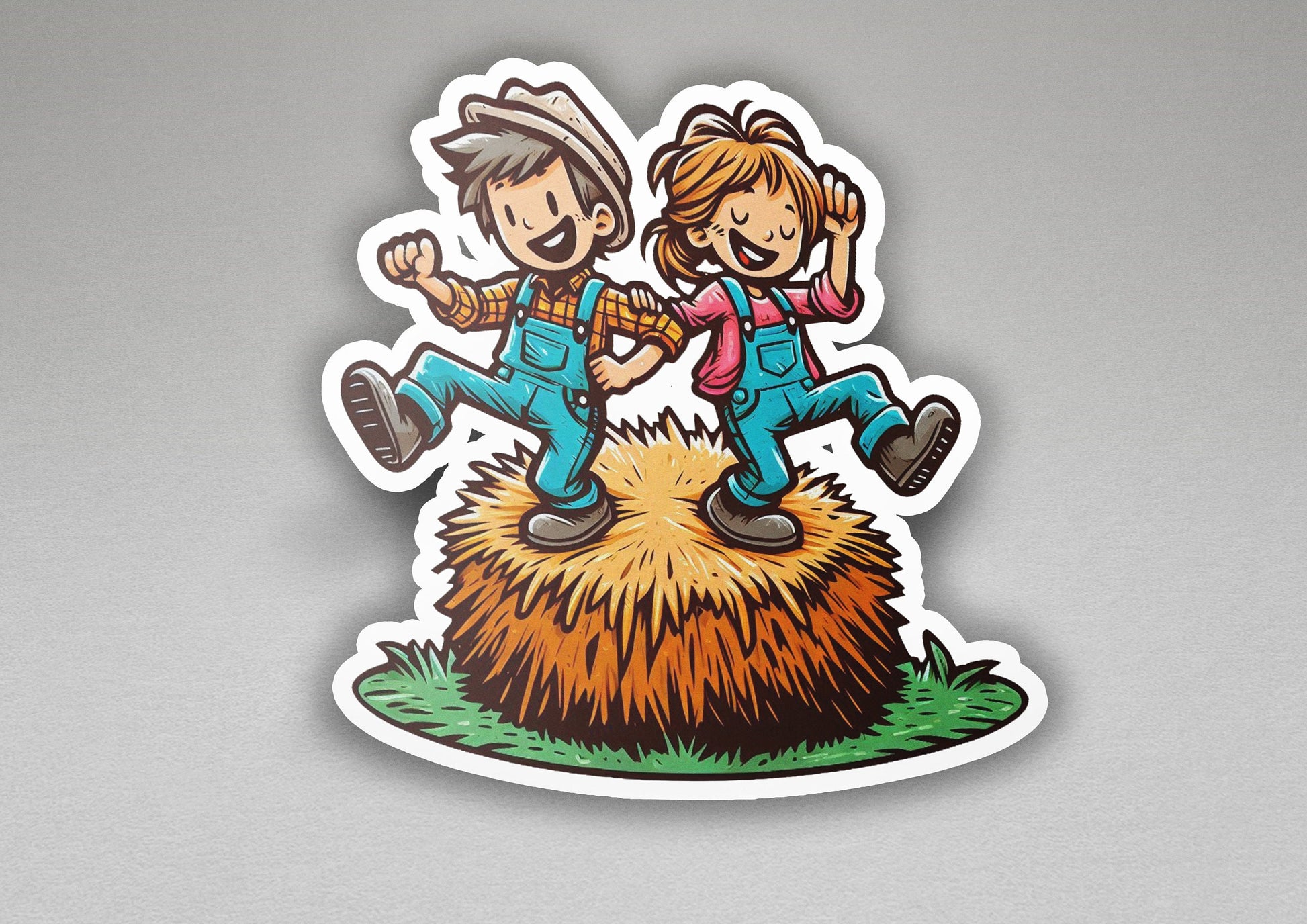 a sticker of two people jumping over a pile of hay