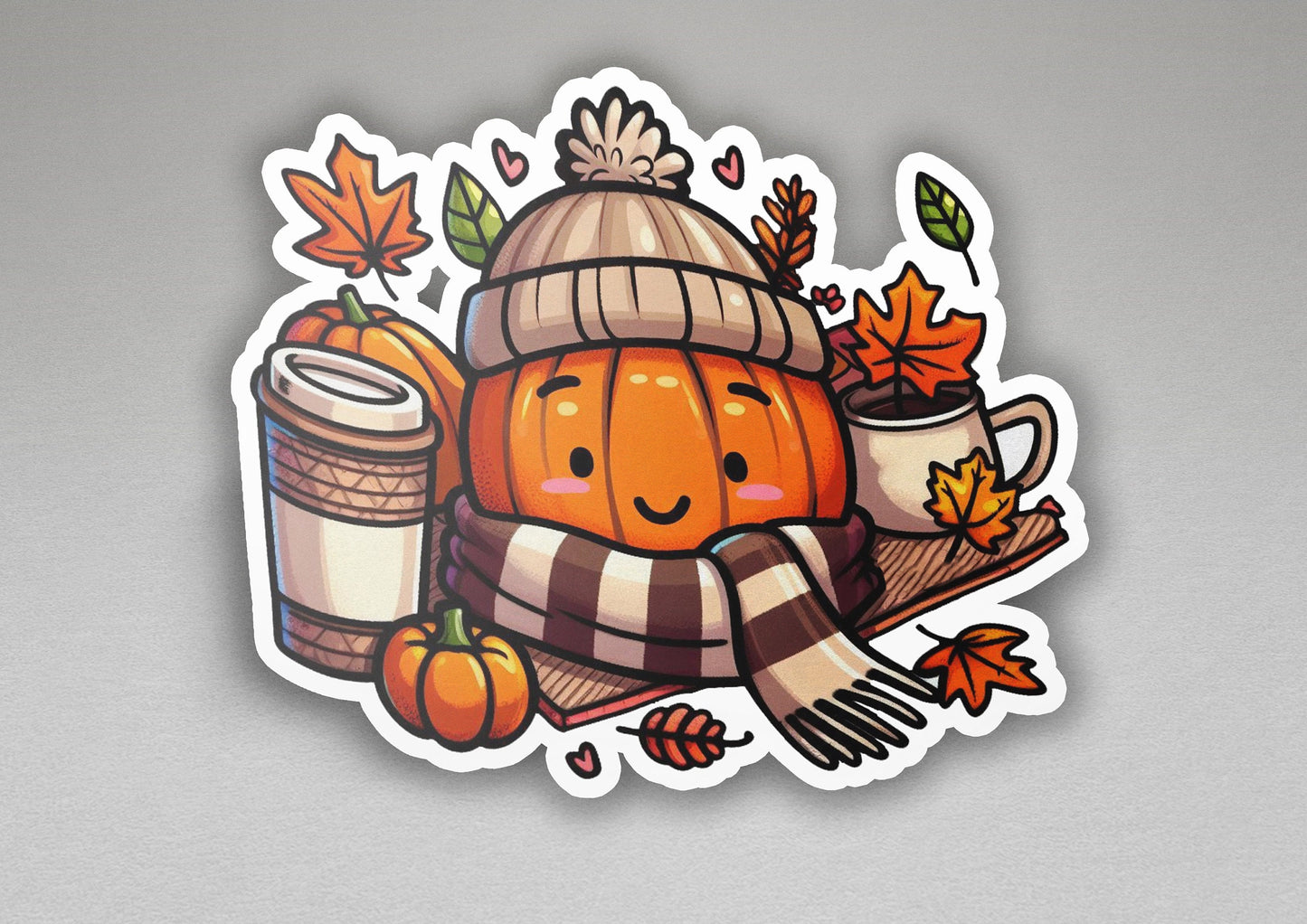 a sticker of a pumpkin with a hat and scarf