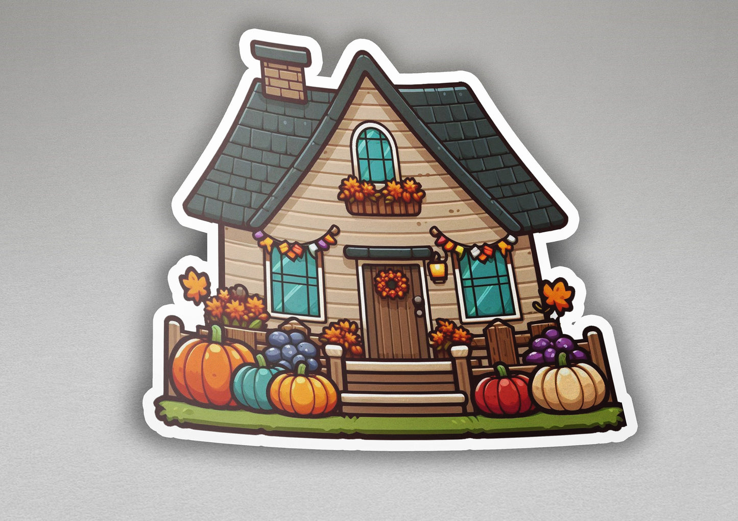 a sticker of a house with fall decorations