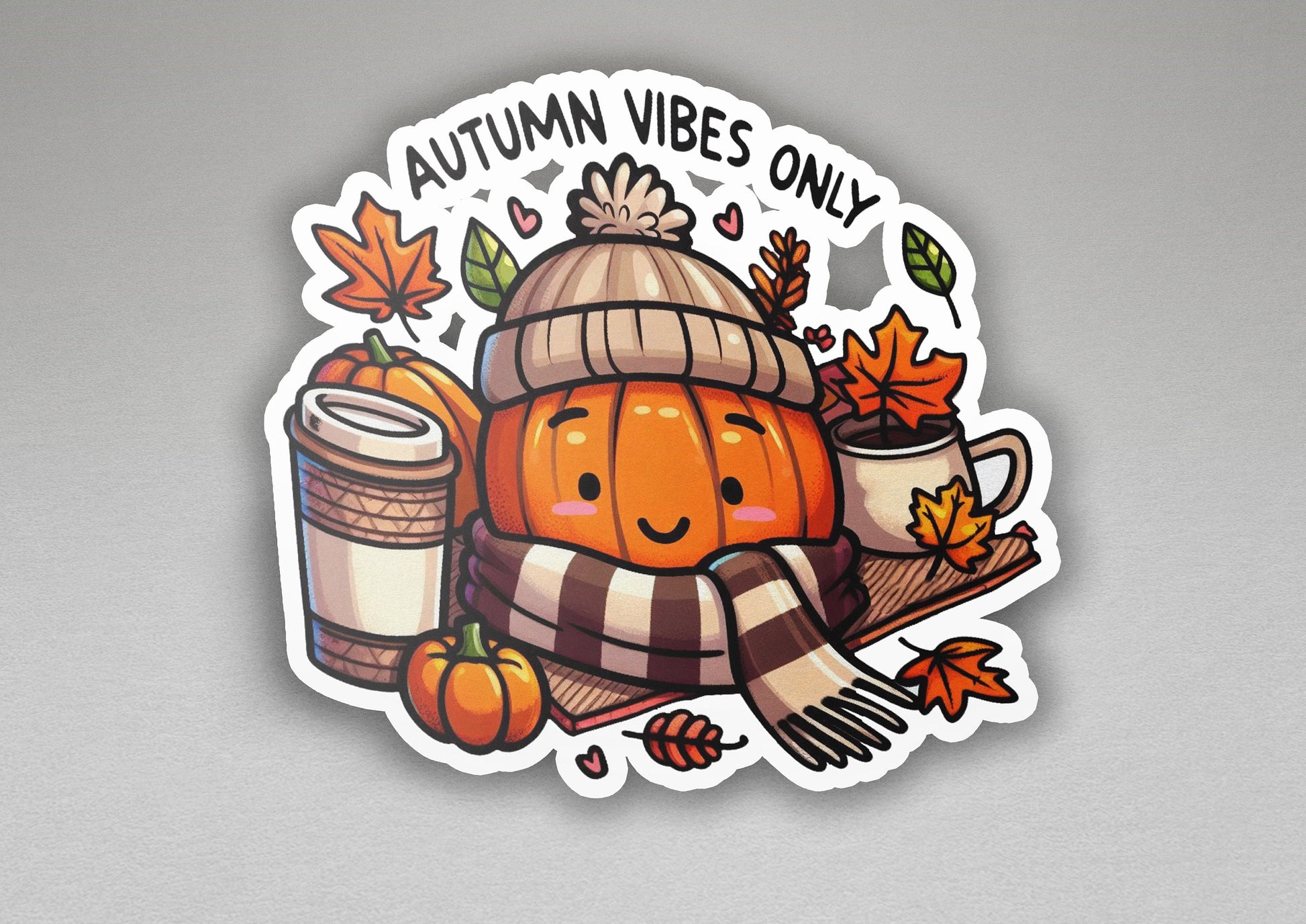 a sticker with a picture of a pumpkin and a cup of coffee