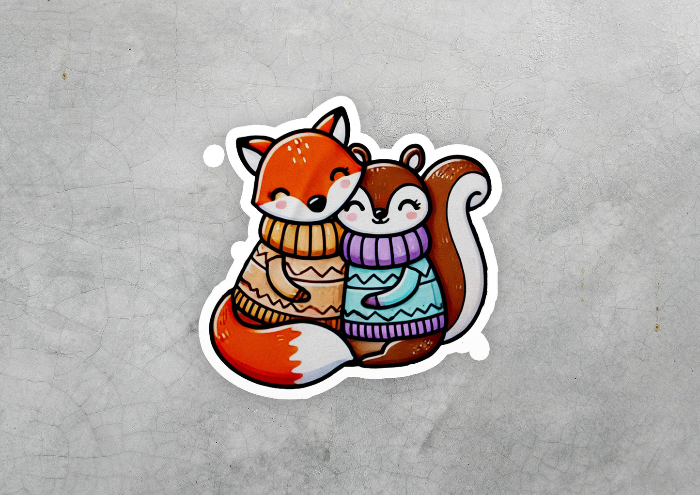 a sticker of a fox and a squirrel hugging