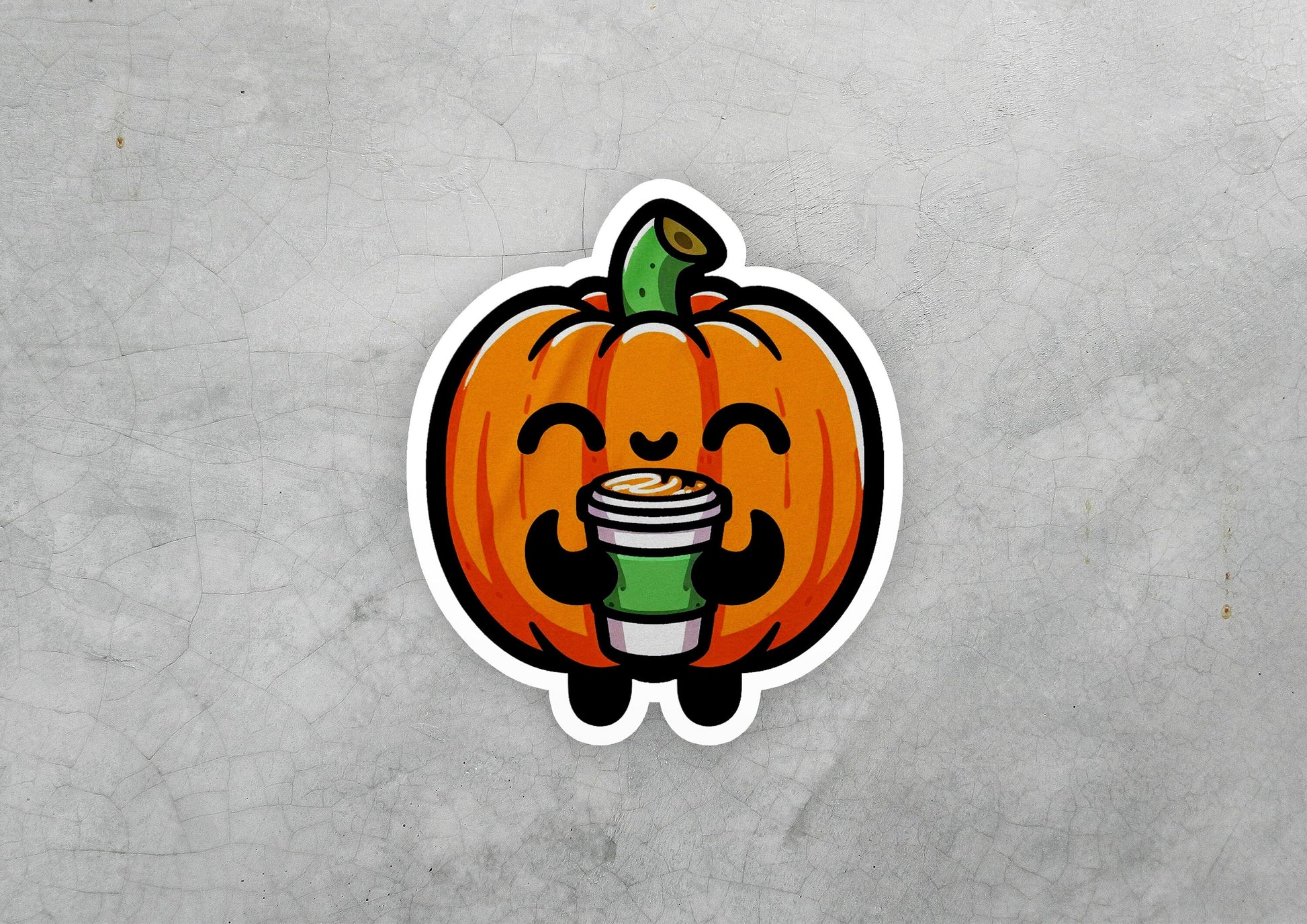 a sticker of a pumpkin holding a cup of coffee