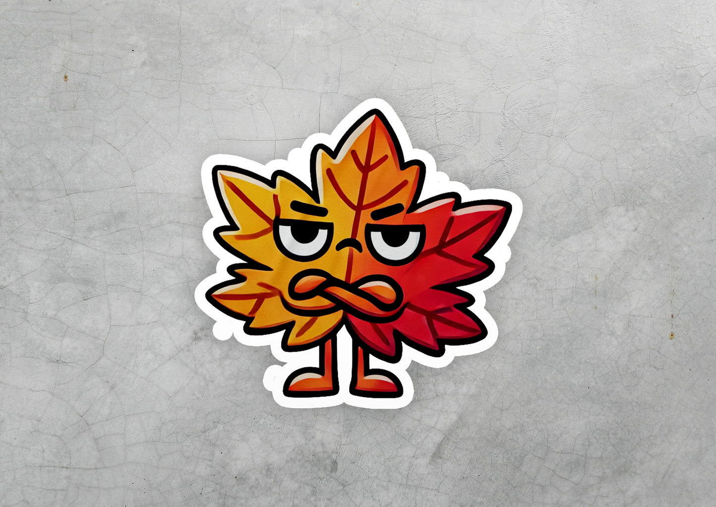 a sticker of a leaf with a frowning face