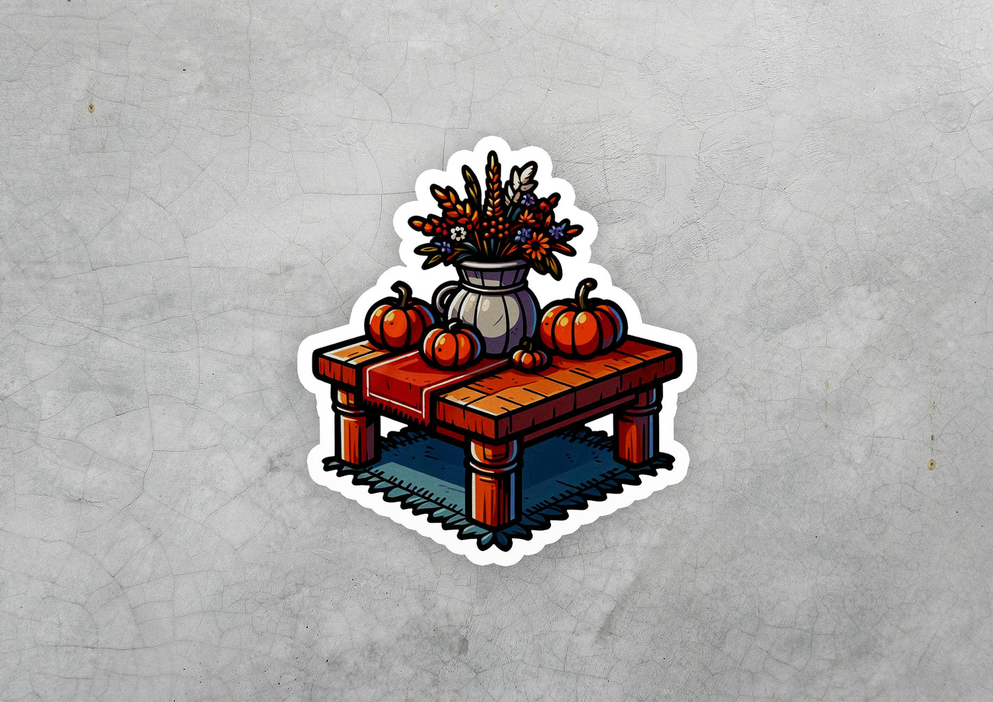 a sticker of a table with pumpkins on it