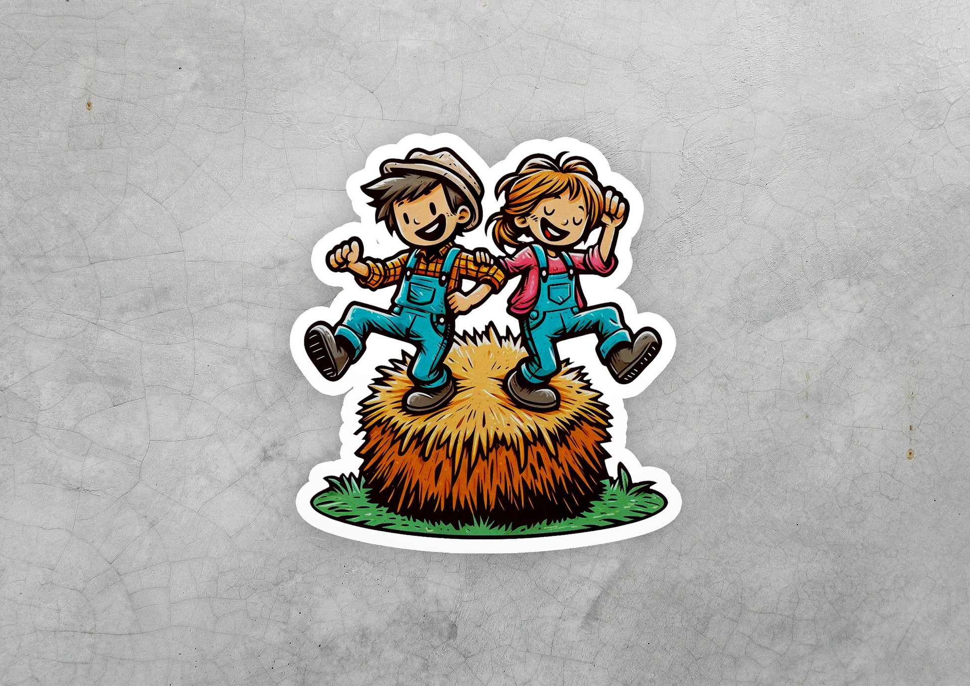 a sticker of two people jumping off a hay bale