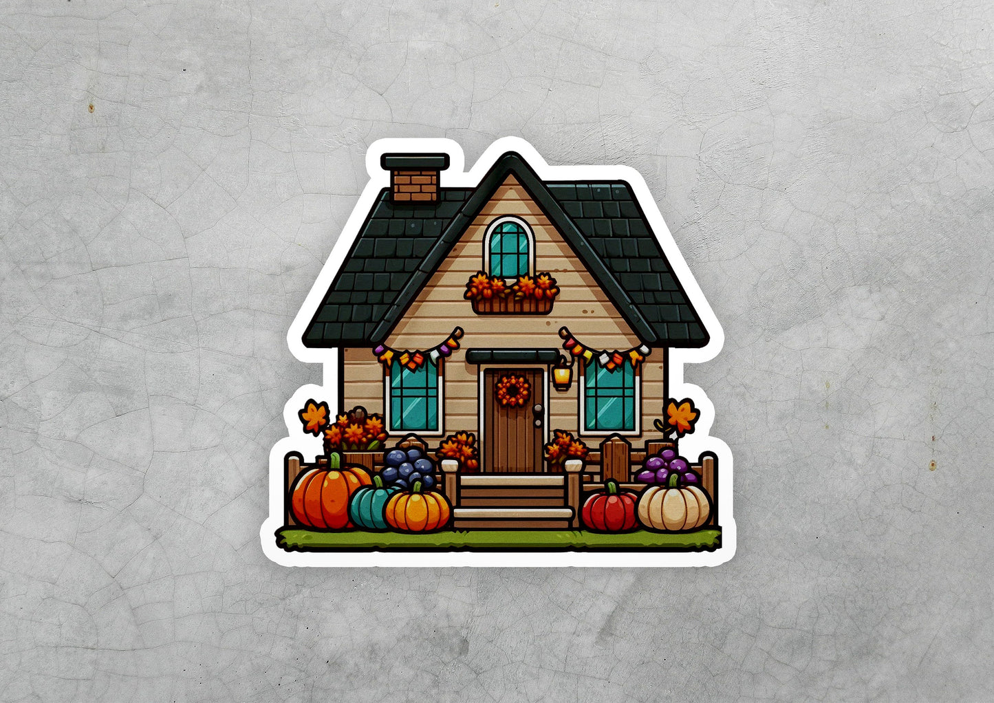 a sticker of a house with pumpkins and gourds