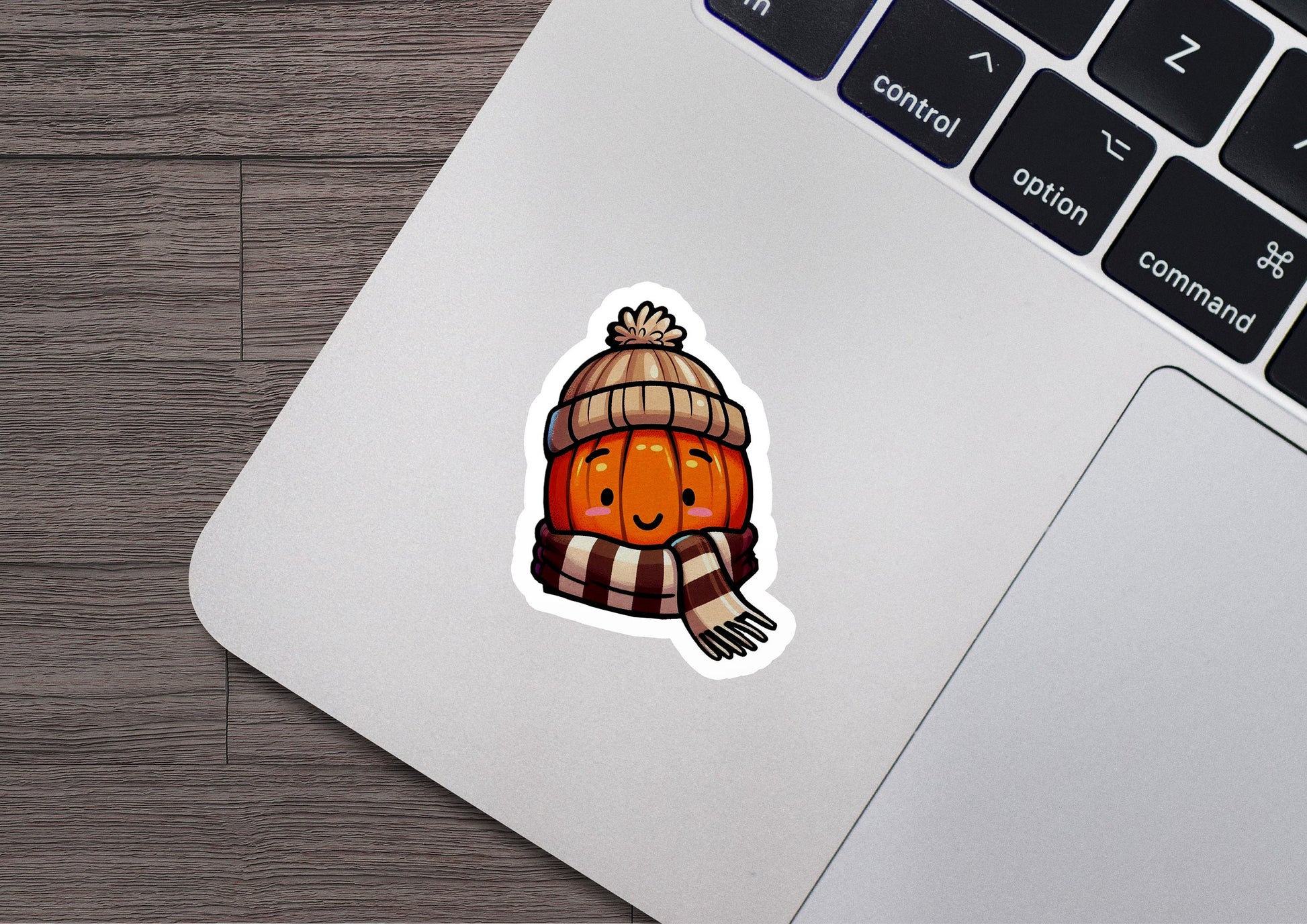 a laptop with a sticker of a pumpkin wearing a hat