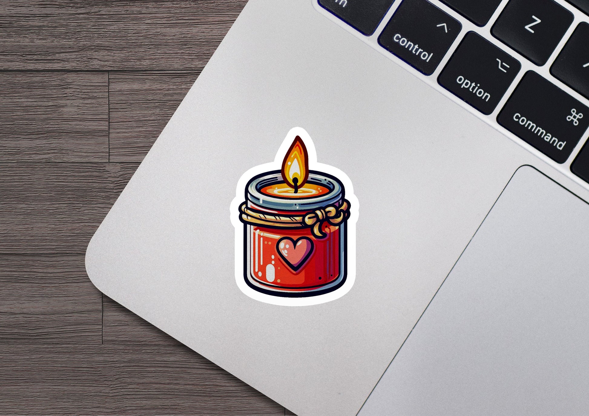 a laptop with a sticker of a candle on it