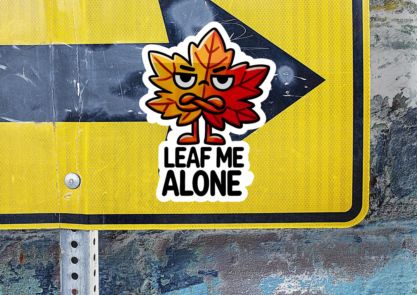 a leaf me alone sticker on a street sign