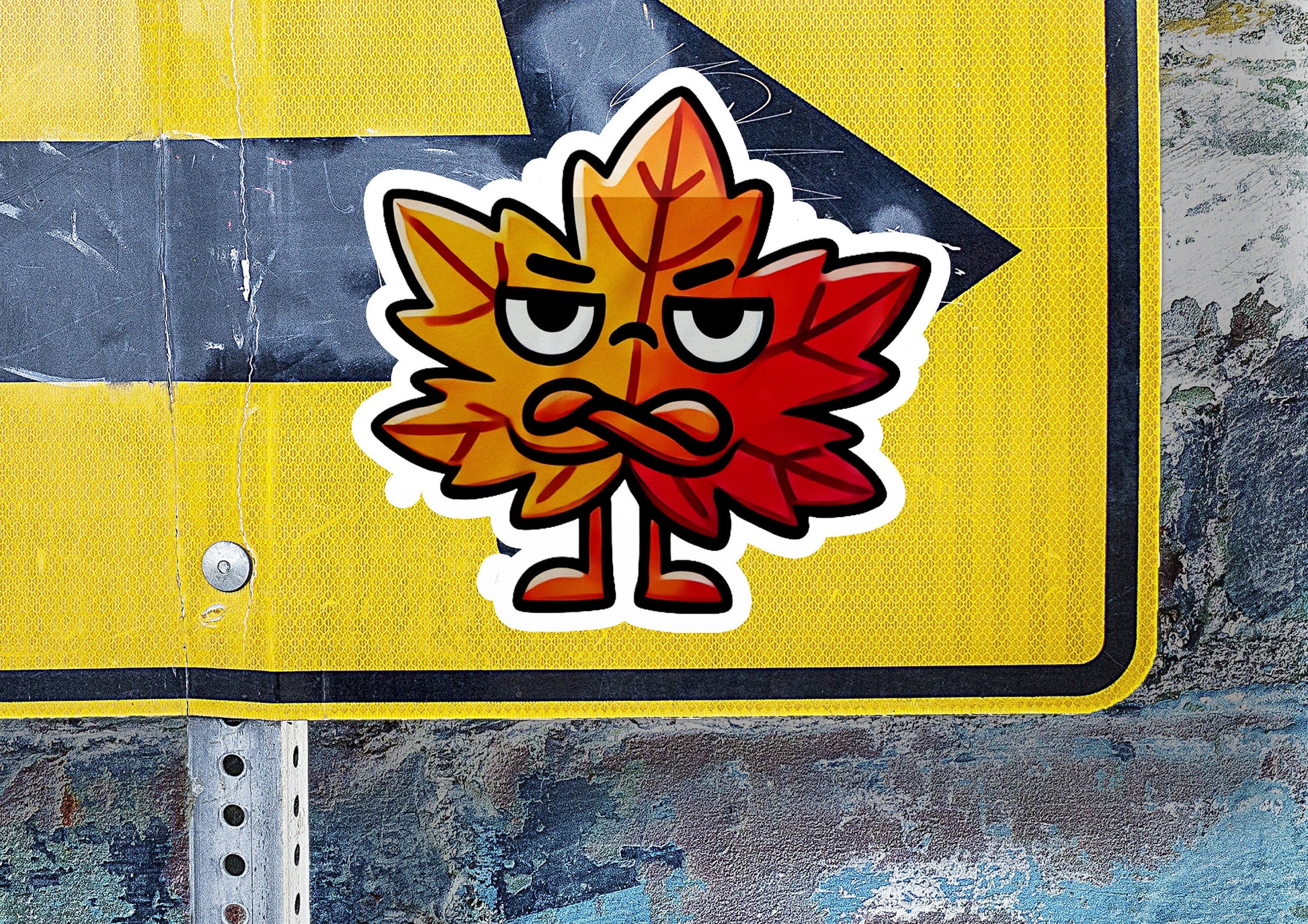 a street sign with a cartoon leaf on it